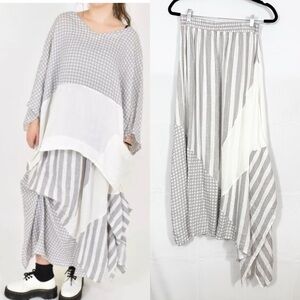 Luukaa Lagenlook Layered Asymmetrical Linen Midi Maxi Skirt Grey White Stripe